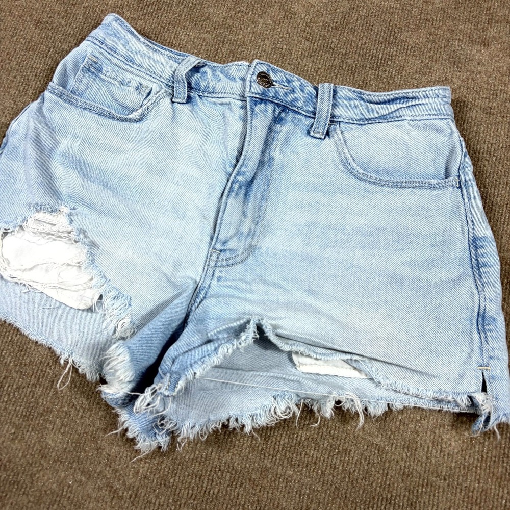 Hollister Cut Off Shorts Women's 27W Blue Denim Comfort Mid Rise Raw Hem Outdoor